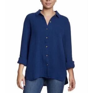 Anne Klein Royal Blue Cotton Gauze Button Down Sleeve Tab Shirt Woman (size M)